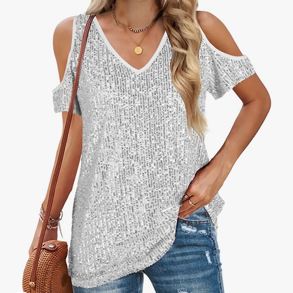 ALLTB Sexy Cold Shoulder Sparkle Basic Tee Shirt - Never Worn!! - M